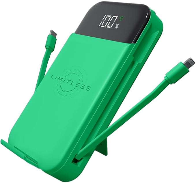 Limitless Innovations Ultimate Pro 15,000mAh Portable Power Bank PD 20W with Built-in Cables, Wireless Charging, Flashlight, Wall Plug, & Digital Display, for iPhone, Samsung, & More (Green Metallic)