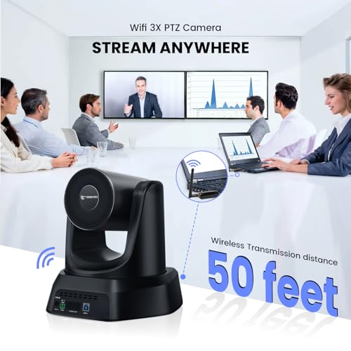 TONGVEO Wireless AI PTZ Camera with Auto-Tracking: Built-in 5.8GHz Receiver for Cable-Free Setup, 1080P 60fps 3X Zoom Conference Camera for Church Services, Online Classes & Hybrid Meetings