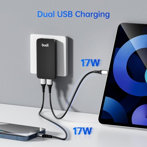 BUDI 17W Extra Slim Portable Wall Charger 2-Port USB-A Charger Foldable Wall Plug Compatible with Home Camera, iPhone IPad Samsung Galaxy(Black USB-A)