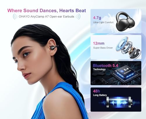 OHAYO A7 Open Ear Clip-On Headphones for Glasses Wearers - Safe for Running & Streets, 4.7g Weightless Fit, 40H Battery, Bluetooth 5.4, Black