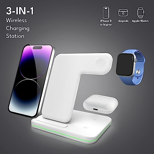 3-in-1 Wireless Charging Station Dock, 24W Fast Qi Charger for iPhone 17/16/15/14/13/12/11/X, Samsung, Huawei, Xiaomi, Android Phones, Apple Watch 10/9/8/7/6, and AirPods 3/2/1