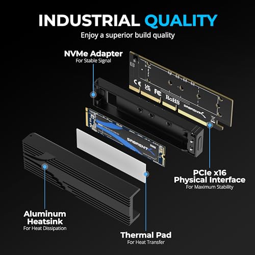 SABRENT M.2 NVMe SSD to PCIe x16 Adapter Card, Gen5, Heatsink