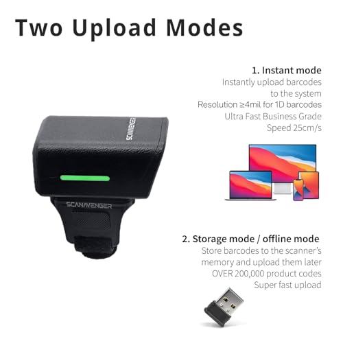 ScanAvenger 1D 2D QR Ring Bluetooth Barcode Scanner – Wearable Mini Wireless Finger Reader, USB & 2.4GHz, Compatible with iOS, Android, Windows, for Warehouse, Store & Inventory Use