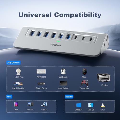 intpw Powered USB Hub 10Gbps, 9-Port USB 3.2/USB C Hub, 65W Power Adapter - Image 7
