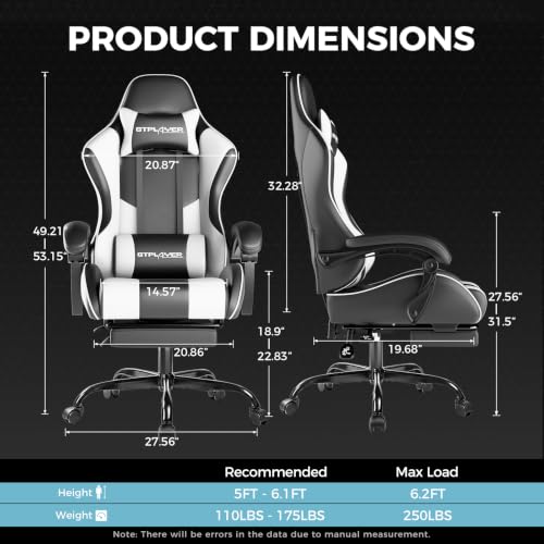 GTPLAYER Gaming Chair, Computer Chair with Footrest and Lumbar Support, Height Adjustable Game Chair with 360°-Swivel Seat and Headrest and for Office or Gaming (Pearl White) - Image 4