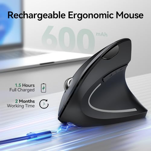TECKNET Wireless Ergonomic Mouse, Vertical Computer Mouse for Wrist Comfort, Rechargeable Optical Mouse with Adjustable DPI（4800）, Silent Click, 6 Buttons, USB Receiver for Laptop, Desktop, PC, Mac