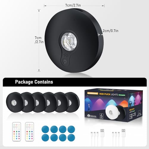 UNUSROOM Rechargeable RGB Puck Lights with Remote Control, Wireless Under Cabinet Lighting,13 Color Changing Lights with Dimmer, Timer,2000mAh Battery Operated Tap Lights for Kitchen