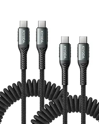 USB C to USB C Cable Coiled 3FT 2Pack, Braided Type C Charger for Car-Black