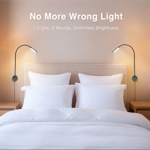 VST 2 Pack Black Wall Mounted Reading Light for Bed,Dorm, Flexible Gooseneck Bedside Headboard Book Light, 36W Driver,ETL-Listed, Touch Dimmable 3 Color Temp (3000K/4000K/6000K), USB & Type-C Ports
