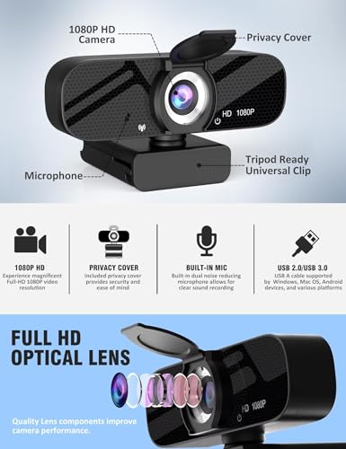 Tewiky Full HD Webcam with Built-in Microphone and Rotatable Tripod, 1080P Video and Wide Angle Camera, Privacy Cover, for Desktop PC or Laptop Computer - Image 5