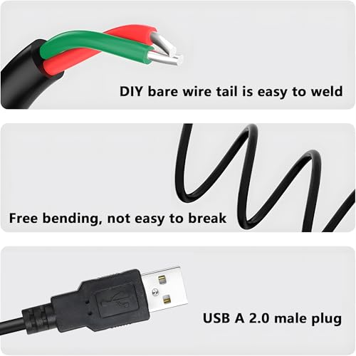USB 2.0 to Bare Wire Cable,USB Type A Male Plug to 2 Pin Open End Bare Wire Pigtail Power Cord,24AWG 5V 2.5A 2 Cores Power Extension Cable for LED Strips, DIY Projects Electronics Repair-0.3M (5 PCS)