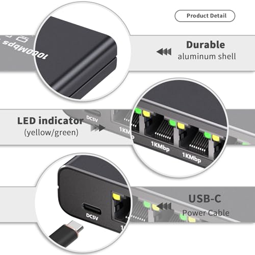 Gigabit Ethernet Splitter 1 to 4 - 1000Mbps RJ45 Port Router Switch with USB-C Power, Plug & Play 1-in-4-Out LAN Adapter for Cat5/5e/6/7/8 Cables, High Speed Network Switch for Desktop Printer Camera