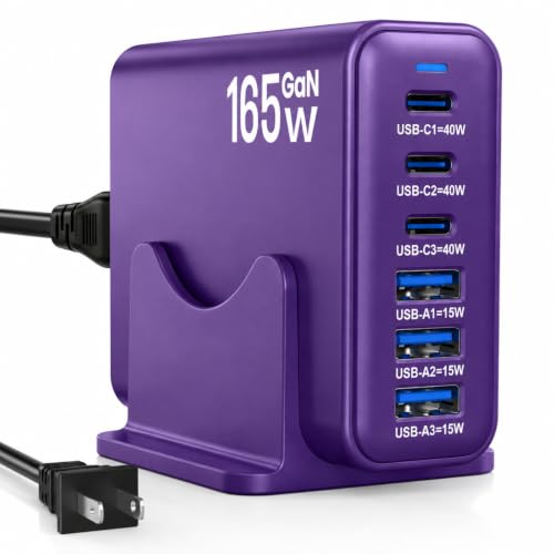 165W GaN Charger Station,6 Port USB C Desktop Fast Charger, Purple