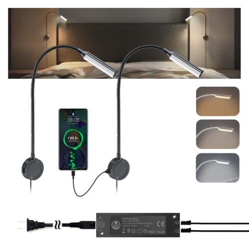 VST 2 Pack Black Wall Mounted Reading Light for Bed,Dorm, Flexible Gooseneck Bedside Headboard Book Light, 36W Driver,ETL-Listed, Touch Dimmable 3 Color Temp (3000K/4000K/6000K), USB & Type-C Ports
