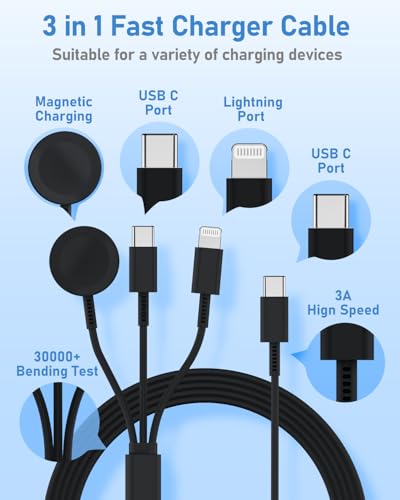 for Apple Watch Charger Fast Charging 6FT, 3 in 1 Multi Charging Cable with USB C iPhone iWatch Charger for Apple iWatch Series 11/10/9/8/7/Ultra3/Ultra 2/SE/6/5/4/iPhone 17/16/15/14/13/12/11-Black