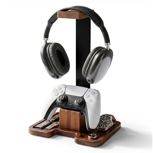 Gaming Equipment Headset Stand with Game Controller Holder & Storage Base, Stylish Gamer Gifts for Men Teenage Boy Headphone Stand, Unique Gifts for Gamers to Organize Gaming Accessories (Brown Wood) - Image 2