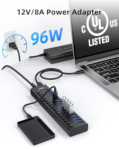 AGEEN 16-Port Powered USB 3.2 Hub, 10Gbps Data Transfer, 96W Power Adapter