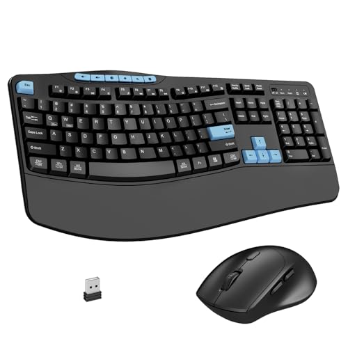 Wireless Keyboard and Mouse Combo, 2.4G Ergonomic Wave Keys(Blue Black) - Image 2
