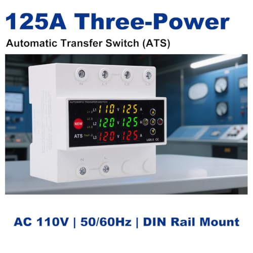 Automatic Generator Transfer Switch, 125A 120V 3 Pole Transfer Switch for Generator Backup Power & RVs, LED Display, Priority Phase Selectable, Over/Under Voltage Protection, DIN Rail Mount