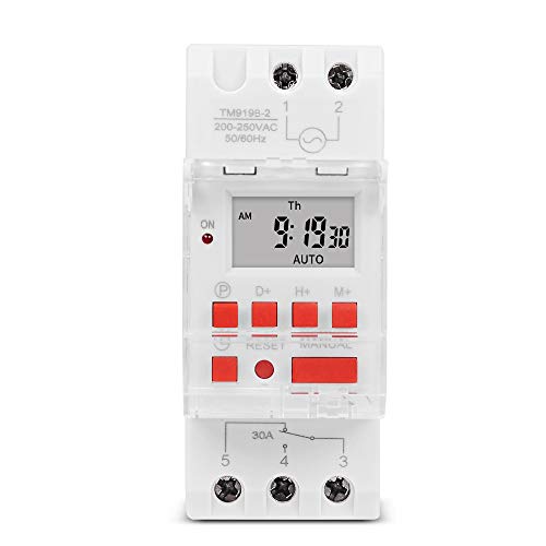 TM919B 30A 7 Days Programmable Timer Switch, Heavy-Duty Digital Weekly Timer with LCD, 16 ON/Off Settings, 35mm DIN Rail Mount, 5000W for Lighting, Water Heater, AC & Industrial Equipment (220V)