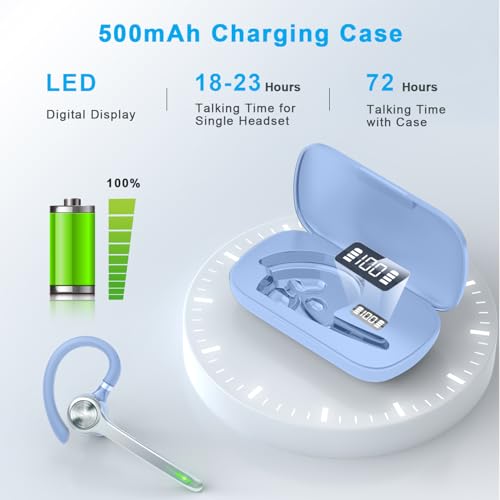 HEIBAS Bluetooth Headset, Wireless Earpiece with Mic for Work Light Blue