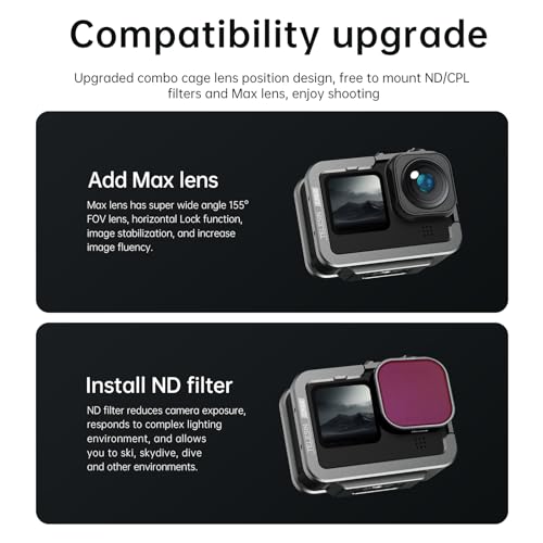TELESIN Aluminum Case Metal Cage Protective Frame Housing for GoPro Hero 13 12 11 10 9, Fits for Go Pro When ND CPL Lens Filter Max Lens Mount on, with Cold Shoe Connect to Video Light Microphone