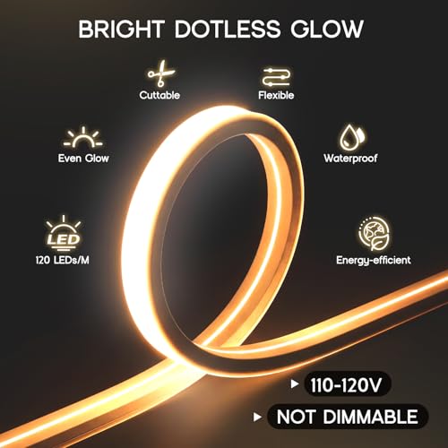 LED Strip Lights Warm White 3000K,32.8ft 110-120V Neon Rope Lights,Flexible Silicone Outdoor Waterproof Neon Strip Lights for Bedroom,Mirror,Kitchen Cabinet, Living Room,Halloween Decor