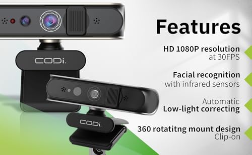 CODi Allocco HD 1080P IR Webcam with Windows Hello Facial Recognition, 30FPS USB-A Camera with Built-in Microphone, Auto Low-Light Correction for Video Conferencing & Streaming