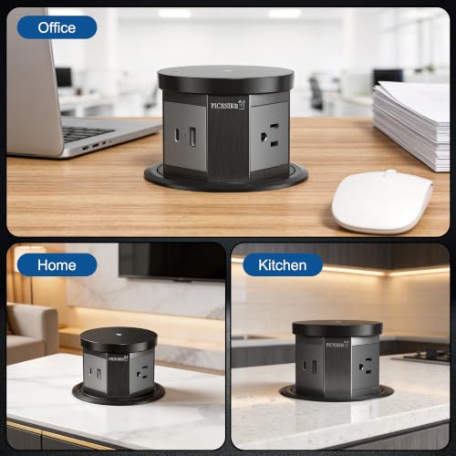 Pop Up Outlet for Countertop, 15W Wireless Charger, USB-C & 3 AC, Black
