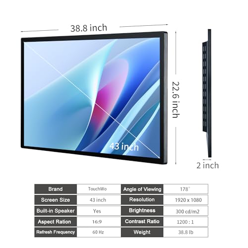 43 inch Capacitive Multi-Touch Screen Industrial Monitor, 16:9 Display 1920 x 1080P, Built-in Speakers, USB, VGA, DP & HD-MI Ports, Digital Signage Displays and Player for Advertising