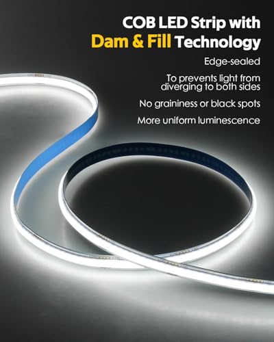 24V COB LED Strip Light 65.6ft One Roll with Remote Cold White 6500K 8mm
