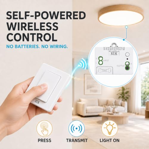 Self-Powered Wireless Light Switch & Receiver Kit, 1 Switch, 2 Receivers