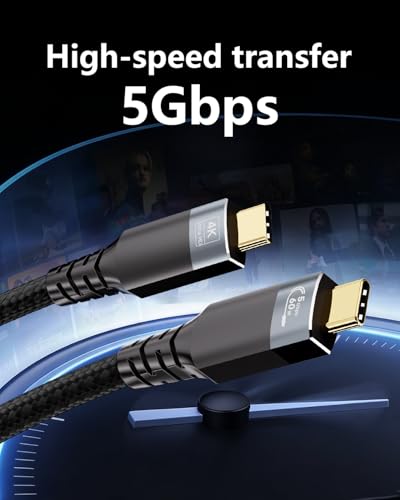 33ft Long USBC Cable,5Gbps Data Transfer,60W Fast Charging,4K@60Hz Video Output,Black Nylon Braided USB C Cable with Gold-Plated Connectors,Compatible with Laptop,Monitor, Docking Station,