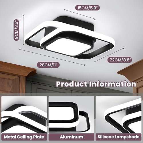 CANEOE Small Ceiling Light 36W Square Modern LED Ceiling Lamp Cool White 6000K Hallway Lighting Fixtures for Bedroom Kitchen Study Hallway Small Asile Lamp Corridor Lights (Black)