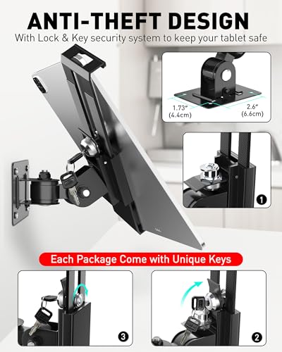 AboveTEK Tablet Wall Mount -360° Rotation iPad Wall Holder for Retail & Business, Anti Theft iPads Stand Fits 7"-11" Tablets Including iPad Pro/Air/Mini, Galaxy Tab - Security Lock & Key - (Black)