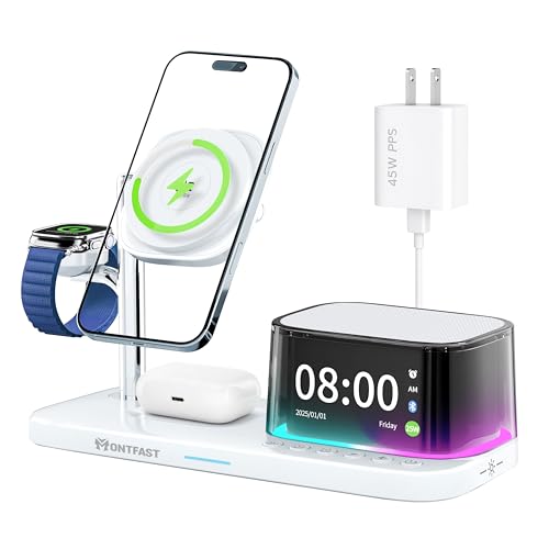 Qi2.2 25W Magnetic Wireless Charging Station, 5-in-1 Charger Stand with Bluetooth Speaker, Alarm Clock & Night Light for iPhone 12–17, Apple Watch, AirPods, Galaxy & Pixel (Qi)
