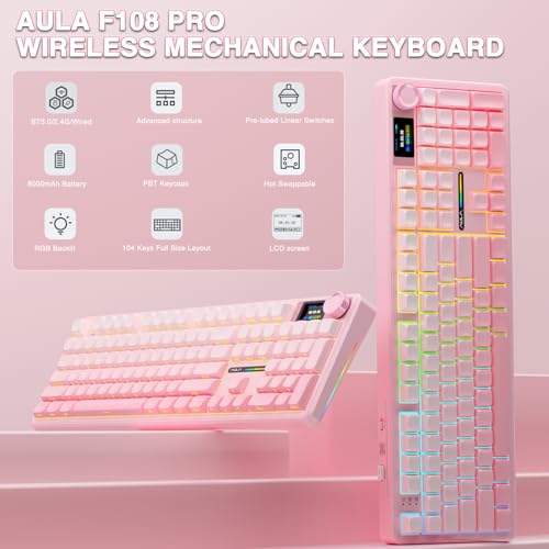 Aula F108 PRO - Wireless Mechanical Keyboard with Screen & Knob,Full Size Keyboard with 8000mAh Battery,Pre-lubed Switches,RGB Backlit Hot Swappable Custom Gaming Keyboards (Renewed) - Image 3