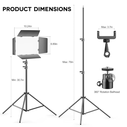 2 Pack LED Video Light Kit 79'' Tripod Light Stand, 30W 3000Lux Photography Light with Barndoor, CRI 98+ 2500K-8500K Studio Lights Panel Podcast Lighting for Video Recording/Game Live Streaming