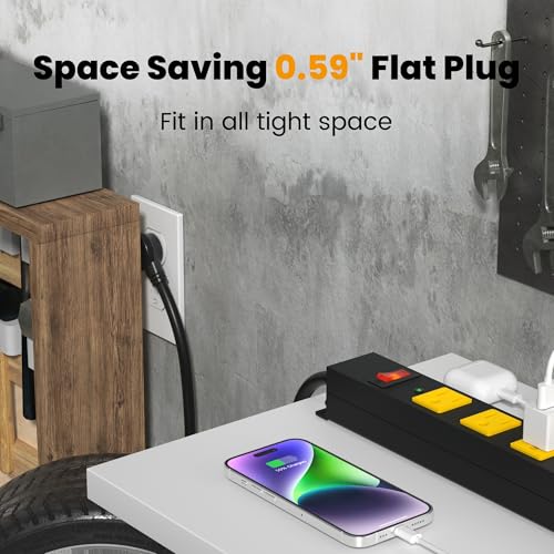 Metal 12 Outlet Mountable Power Strip, 2100J Surge Protector with Heavy Duty 6ft Extension Cord, Wide Spaced and Wall Mount Metal Powerstrip for Garage, Desk, Industrial, Shop and Indoor (6ft)