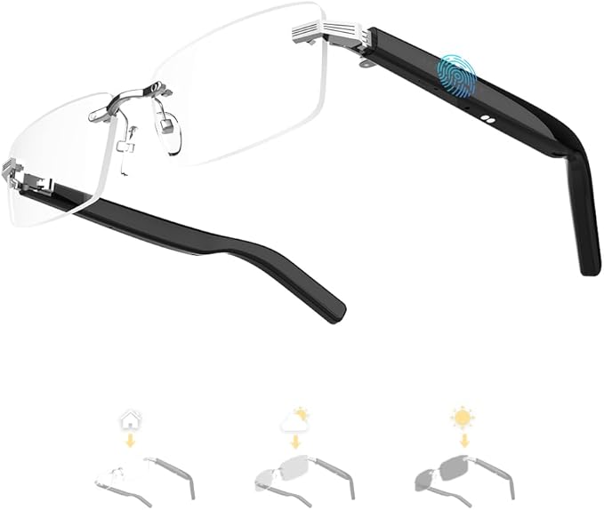 Smart Glasses Rimless Smartglasses with Bluetooth Speaker,Remote Control Photo Taking/UV Protection Voice Control (Photochromic Lenses)