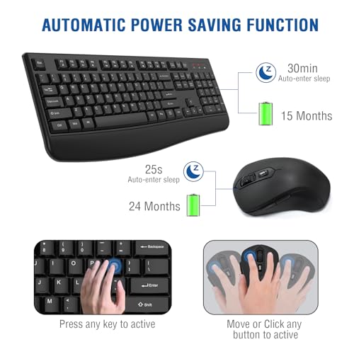 Wireless Keyboard and Mouse Combo, EDJO 2.4G Full-Sized Ergonomic Computer Keyboard with Wrist Rest and 3 Level DPI Adjustable Wireless Mouse for Windows, Mac OS Desktop/Laptop/PC - Image 3