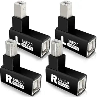 4Pcs 90 Degrees USB 2.0 Type-B Printer Adapter, USB 2.0 B Male to Type-B Female Printer Adapter for Printer, Scanner, Fax, Mobile HDD Printer Short Extension Cable(Left+Right)