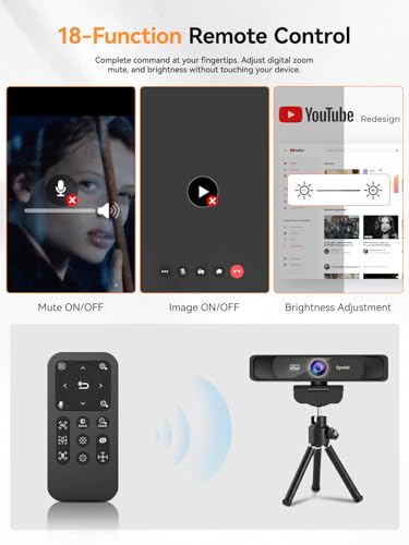 Spedal 4K Webcam with Tripod, Wide Angle 120° USB Webcam, Sony 1/2.8" Sensor, Dual Microphones, Remote Control, Auto Focus for Video Conferencing, Online Meetings, Streaming, Zoom & Teams