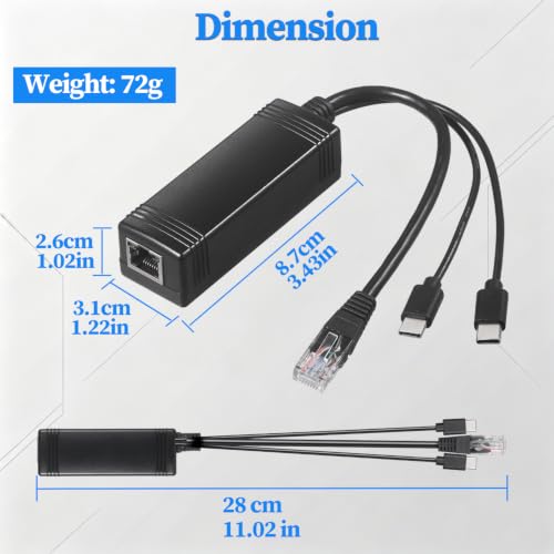 Gigabit PoE Splitter with Dual Type C Output, USB-C 12V 2.5A Max Output, Comply IEEE 802.3af/at, 10/100/1000Mbps, Total 30W Output, Plug and Play for IP Camera, Wireless AP (PD3009G)