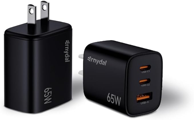 65W GaN USB-C Fast Charger Block with Dual USB-C & USB-A Ports, Compact Power Adapter for MacBook, iPad, iPhone, Galaxy, and More Black