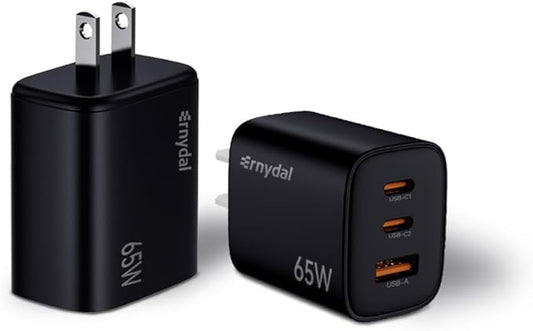 65W GaN USB-C Fast Charger Block with Dual USB-C & USB-A Ports, Compact Power Adapter for MacBook, iPad, iPhone, Galaxy, and More Black