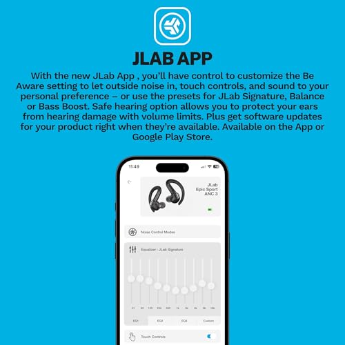 JLab, Epic Air Sport ANC 3, True Wireless Earbuds, Active Noise Cancelling, Bluetooth, Sport, Black