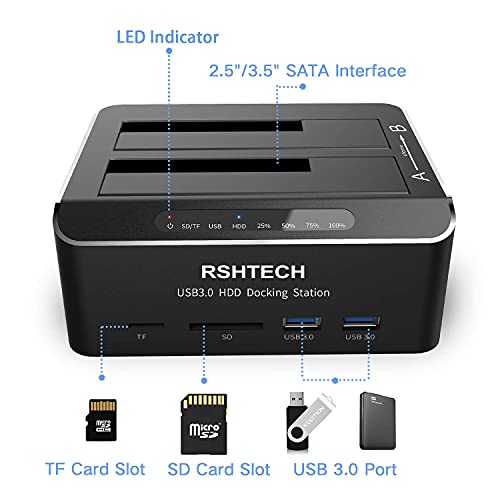RSHTECH Hard Drive Docking Station, Aluminum Dual Bay SATA Dock, RSH-DS02