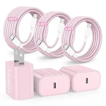 20W USB C Fast Charging for iPhone 17 Air/16/15 Pro Max,3Pack Colorful Mixed Charger Block with Braided Long USB C to C Cables (6/6/10ft) Compatible with iPhone16/15 Pro/15 Plus/iPad Pro - Image 1