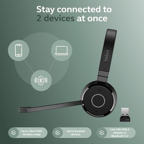 Jabra Evolve 65 TE (Third Edition) Wireless Headphones - Noise-Canceling Mic, 16 hrs Battery Life, Connectivity, Works with All UC Platforms Like Zoom & Google Meet, Black